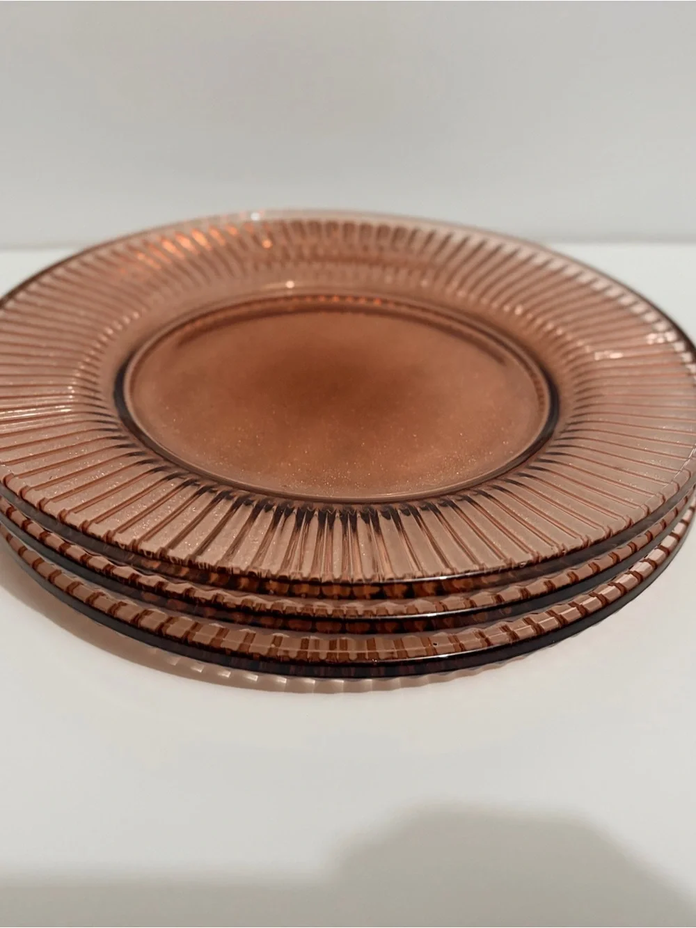 Anchor Hocking Rose Pink Ribbed Glass Dinner Plates - Set of 3